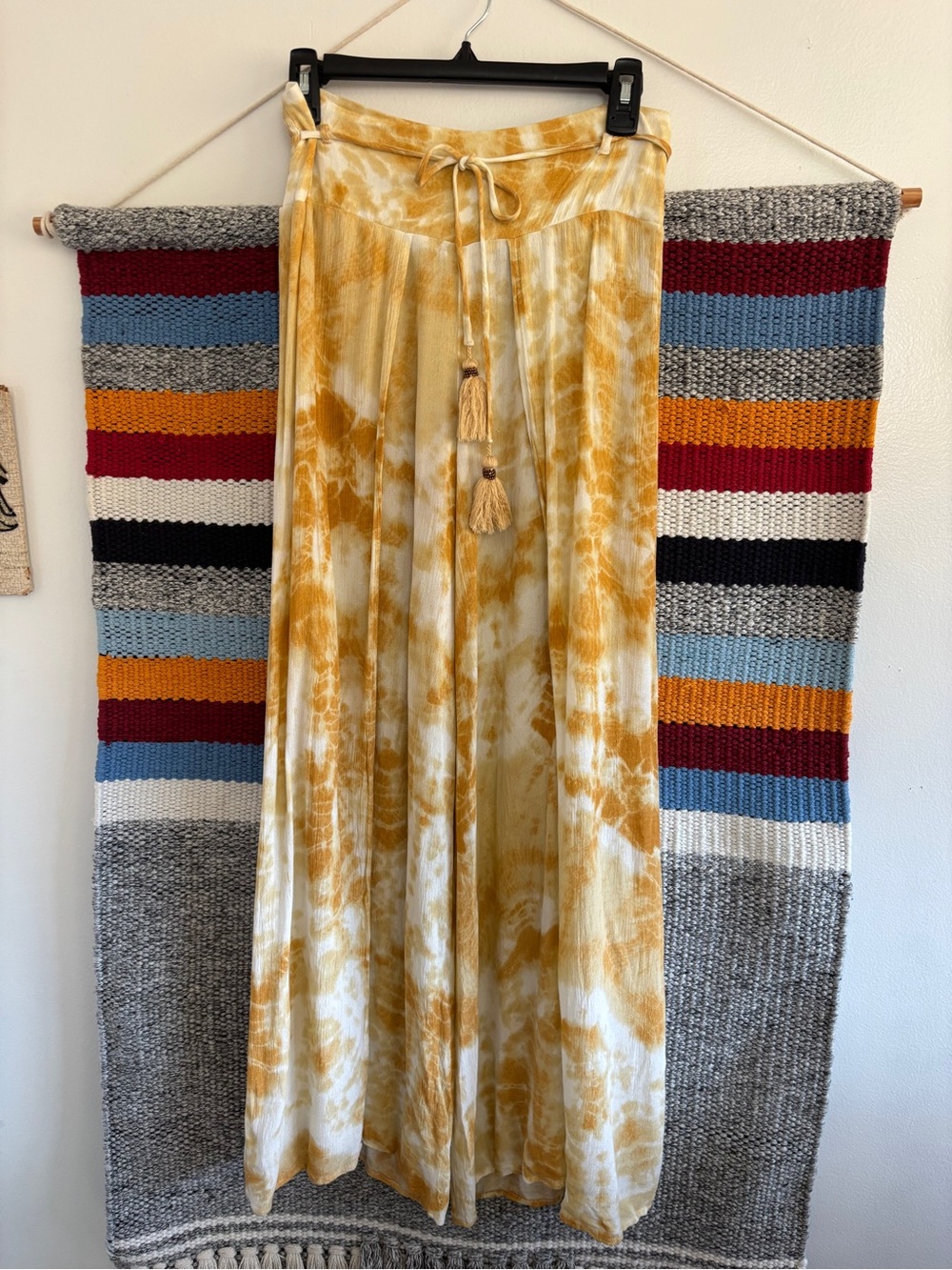 Band of Gypsies Yellow Tie-Dye Wide Leg Pants with Tassel Drawstring